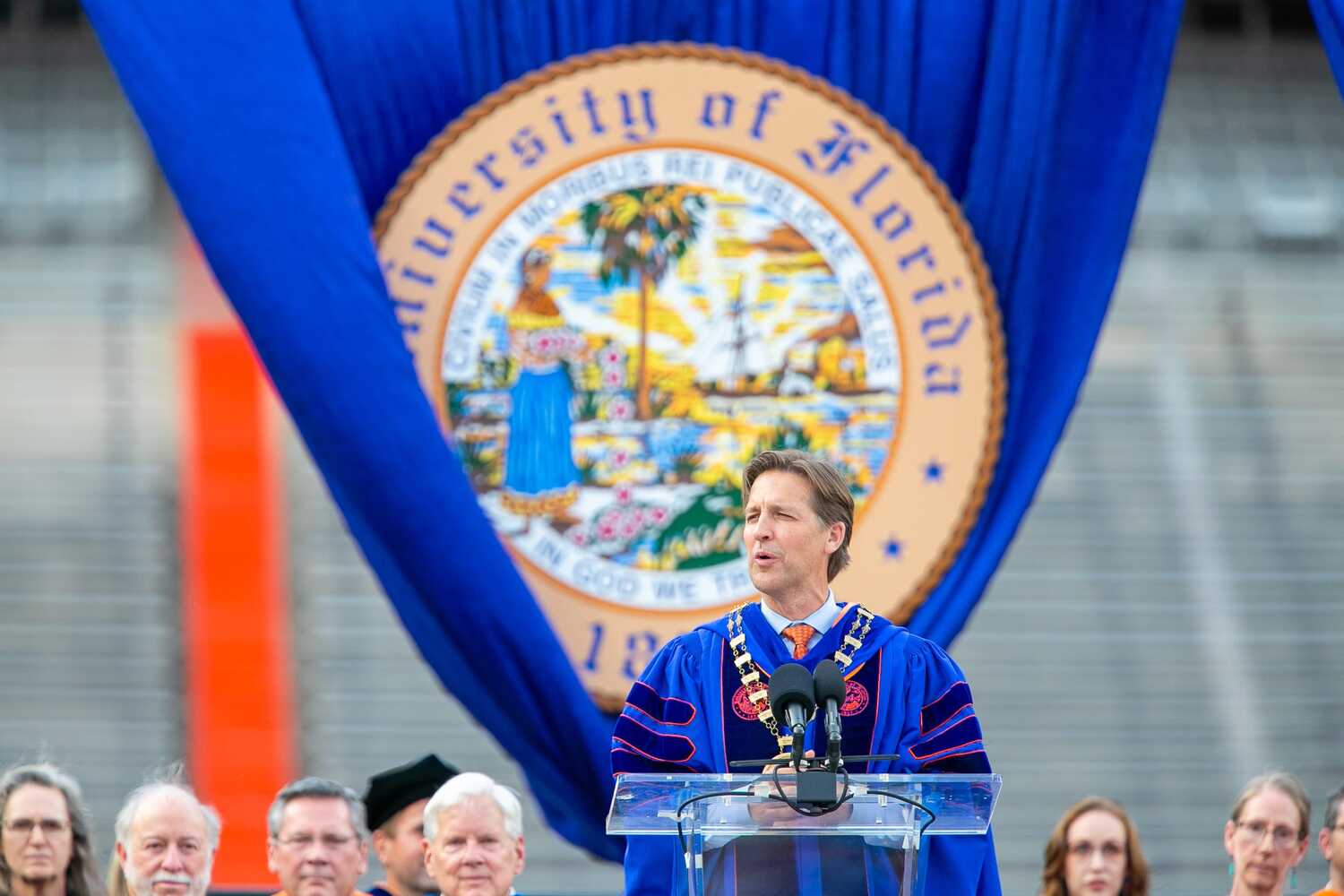 Ben Sasse speaking in May at the University of Florida’s graduation in Gainesville, Fla. He resigned as president of the university in July.