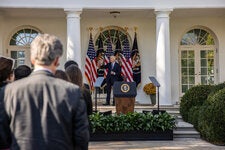 President Biden on Thursday delivering remarks in the White House Rose Garden after Donald J. Trump was elected president for the second time.