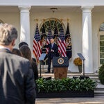 President Biden on Thursday delivering remarks in the White House Rose Garden after Donald J. Trump was elected president for the second time.