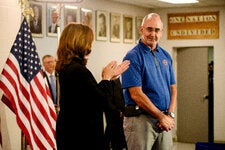 Shawn Fain, right, the president of the United Automobile Workers and a prominent supporter of Kamala Harris, with the vice president in Wayne, Mich., in August.
