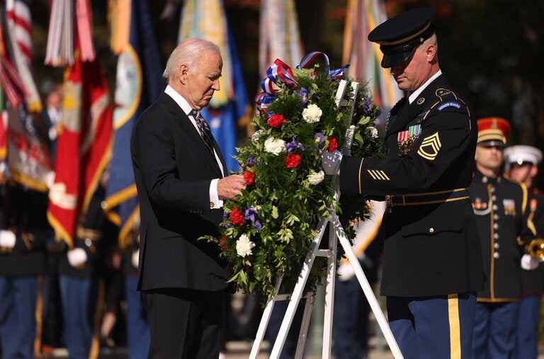 President Biden gave his remarks after laying a wreath at Arlington National Cemetery on Monday.