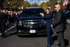Vice President Kamala Harris applauding staff members outside the Eisenhower Executive Office Building on Tuesday. She made a strong showing in California in the presidential race. 