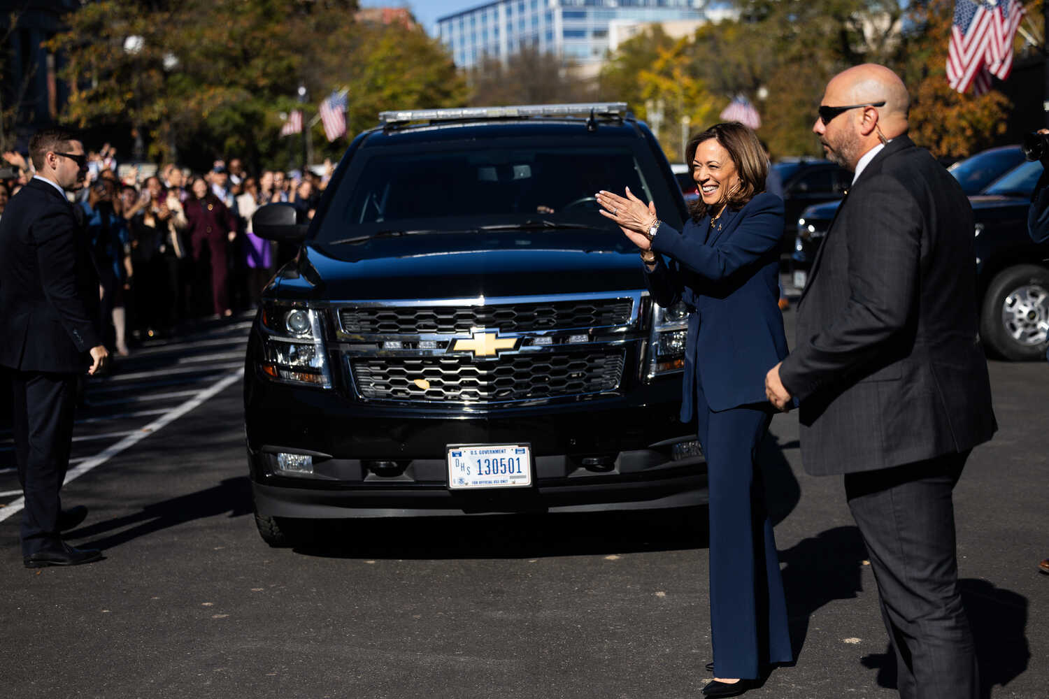 Vice President Kamala Harris applauding staff members outside the Eisenhower Executive Office Building on Tuesday. She made a strong showing in California in the presidential race. 