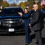Vice President Kamala Harris applauding staff members outside the Eisenhower Executive Office Building on Tuesday. She made a strong showing in California in the presidential race. 