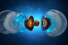 An exploded view of an ice giant planet such as Uranus or Neptune, with its hidden water-rich layer (blue) that has separated from a deeper layer of hot, high-pressure carbon, nitrogen and hydrogen (amber).