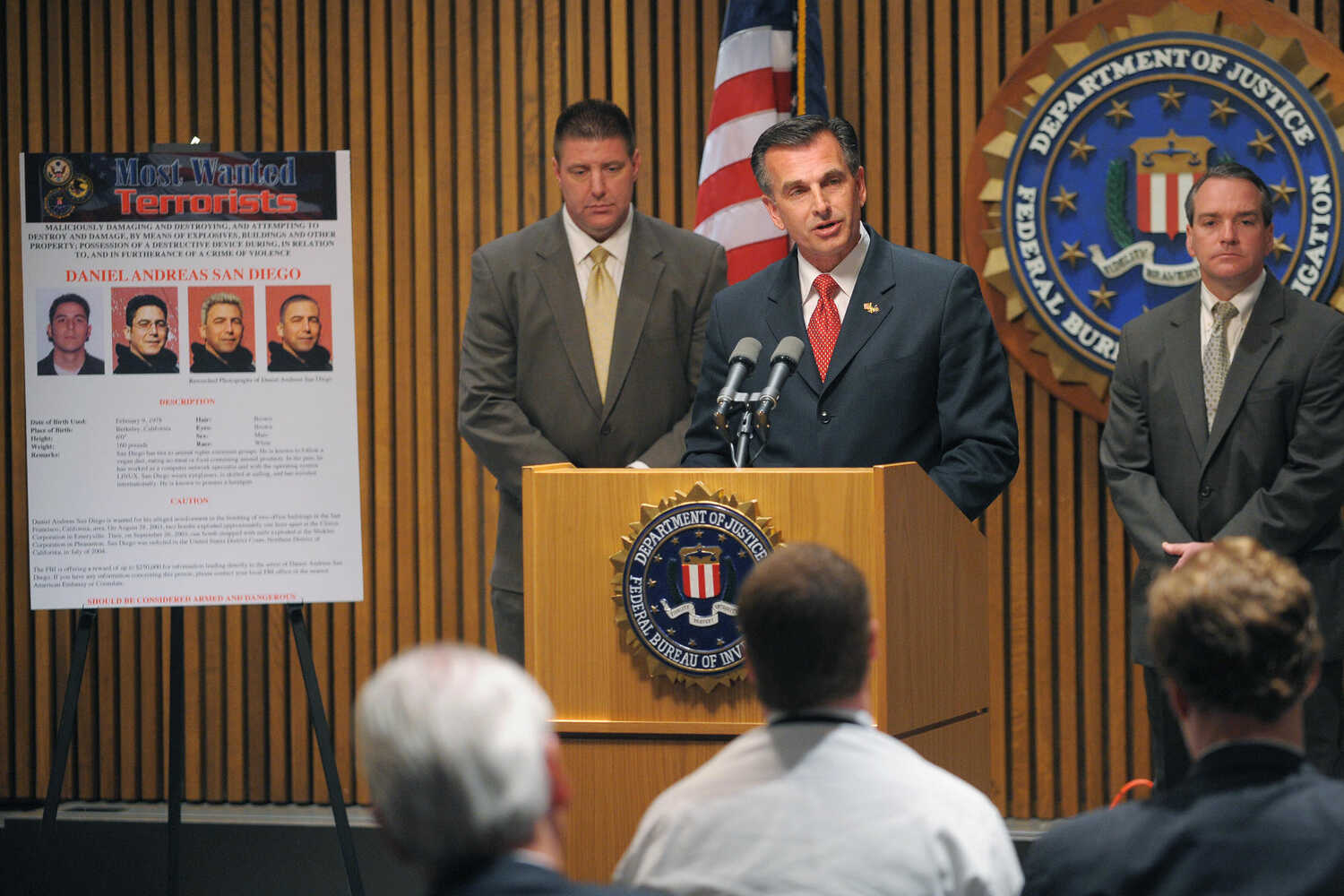 The F.B.I. put Daniel Andreas San Diego on the Most Wanted Terrorists list in 2009. He was only the second U.S. citizen, and the only person accused of domestic terrorism, to have appeared on the list.