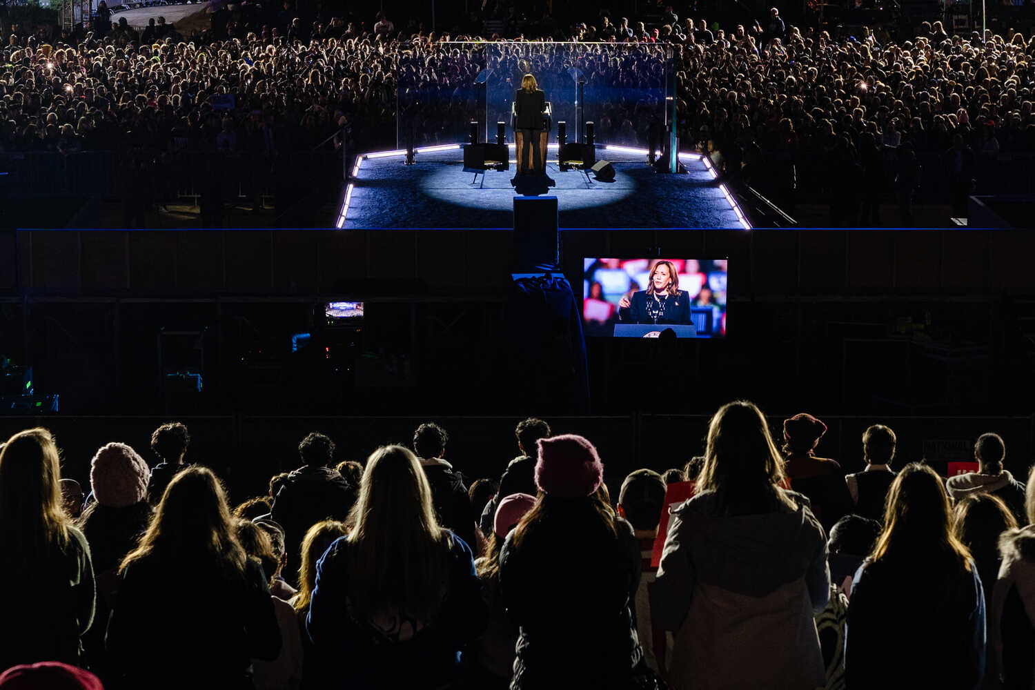 Vice President Kamala Harris speaking to supporters in Philadelphia at her final campaign rally, the night before Election Day. She raised vast sums of money from Democratic donors but lost every battleground state.