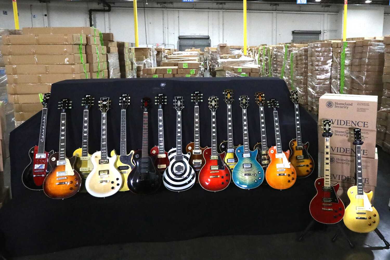 Counterfeit guitars that arrived from Asia were put on display by officials at the Los Angeles/Long Beach Seaport in California.