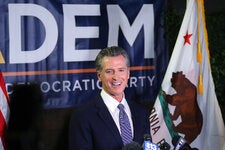 Gov. Gavin Newsom made an appearance at the California Democratic Party headquarters in Sacramento after the polls closed on Tuesday.